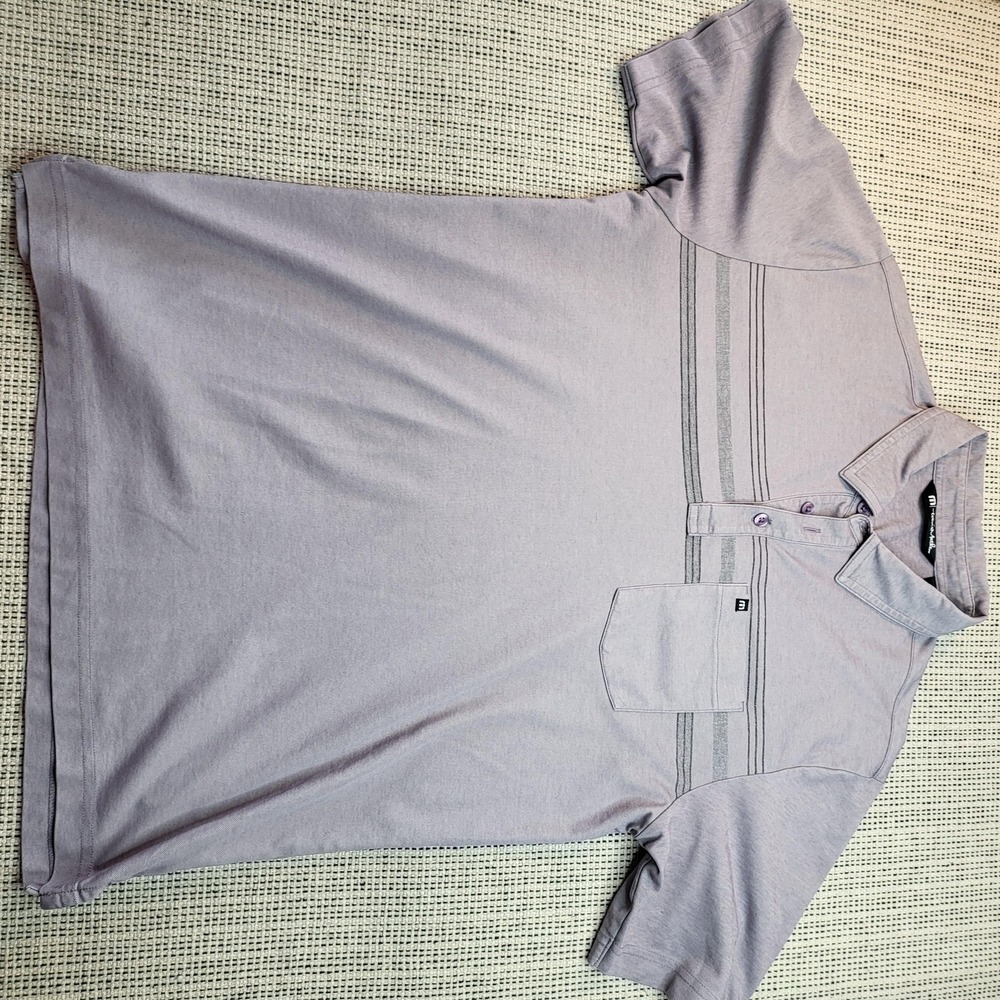 Travis Mathew Polo Shirt Mens Medium Purple Striped Pocket Short Sleeve Golf